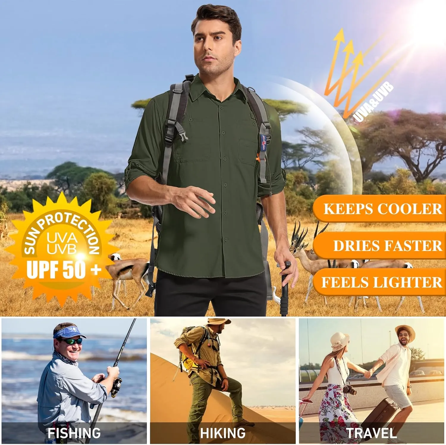 Mens Safari Shirt Long Sleeve UPF 50  Sun Protection Fishing Shirts Men，Convertible Cuffs Hiking Shirts for Men