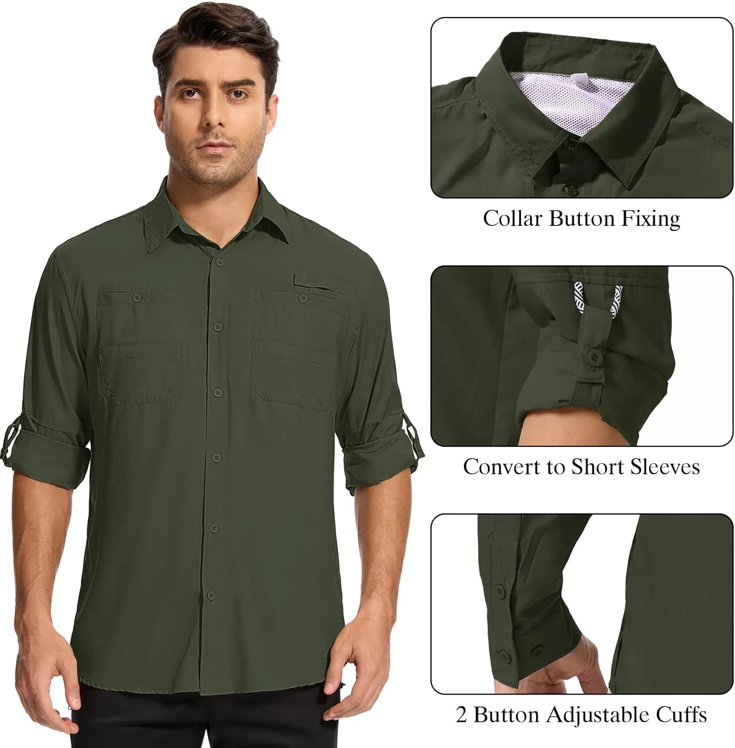 Mens Safari Shirt Long Sleeve UPF 50  Sun Protection Fishing Shirts Men，Convertible Cuffs Hiking Shirts for Men