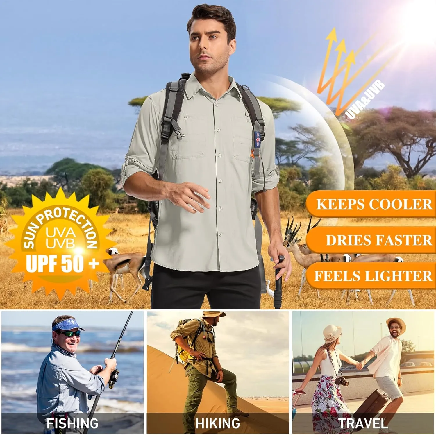 Mens Safari Shirt Long Sleeve UPF 50  Sun Protection Fishing Shirts Men，Convertible Cuffs Hiking Shirts for Men
