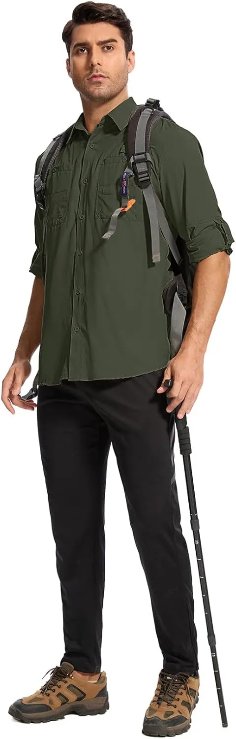 Mens Safari Shirt Long Sleeve UPF 50  Sun Protection Fishing Shirts Men，Convertible Cuffs Hiking Shirts for Men