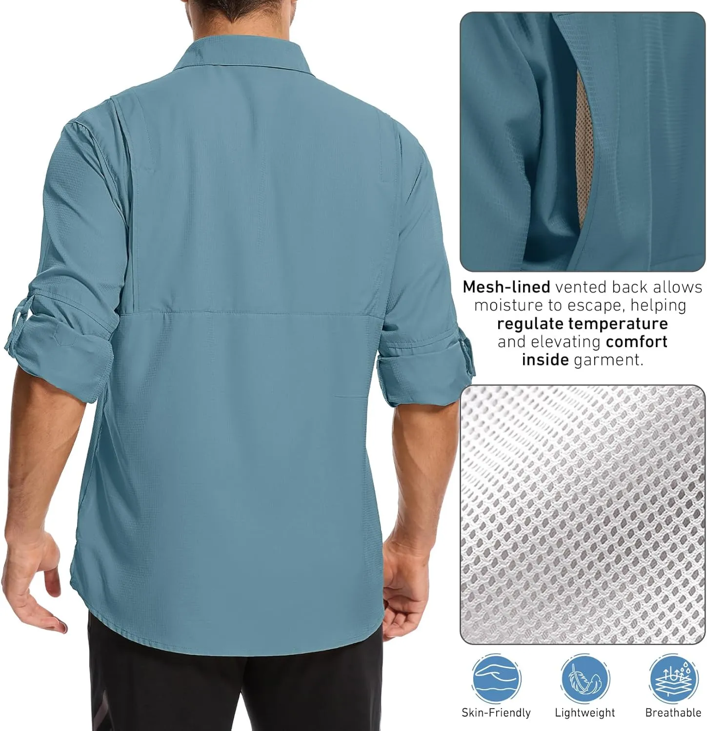 Mens Safari Shirt Long Sleeve UPF 50  Sun Protection Fishing Shirts Men，Convertible Cuffs Hiking Shirts for Men