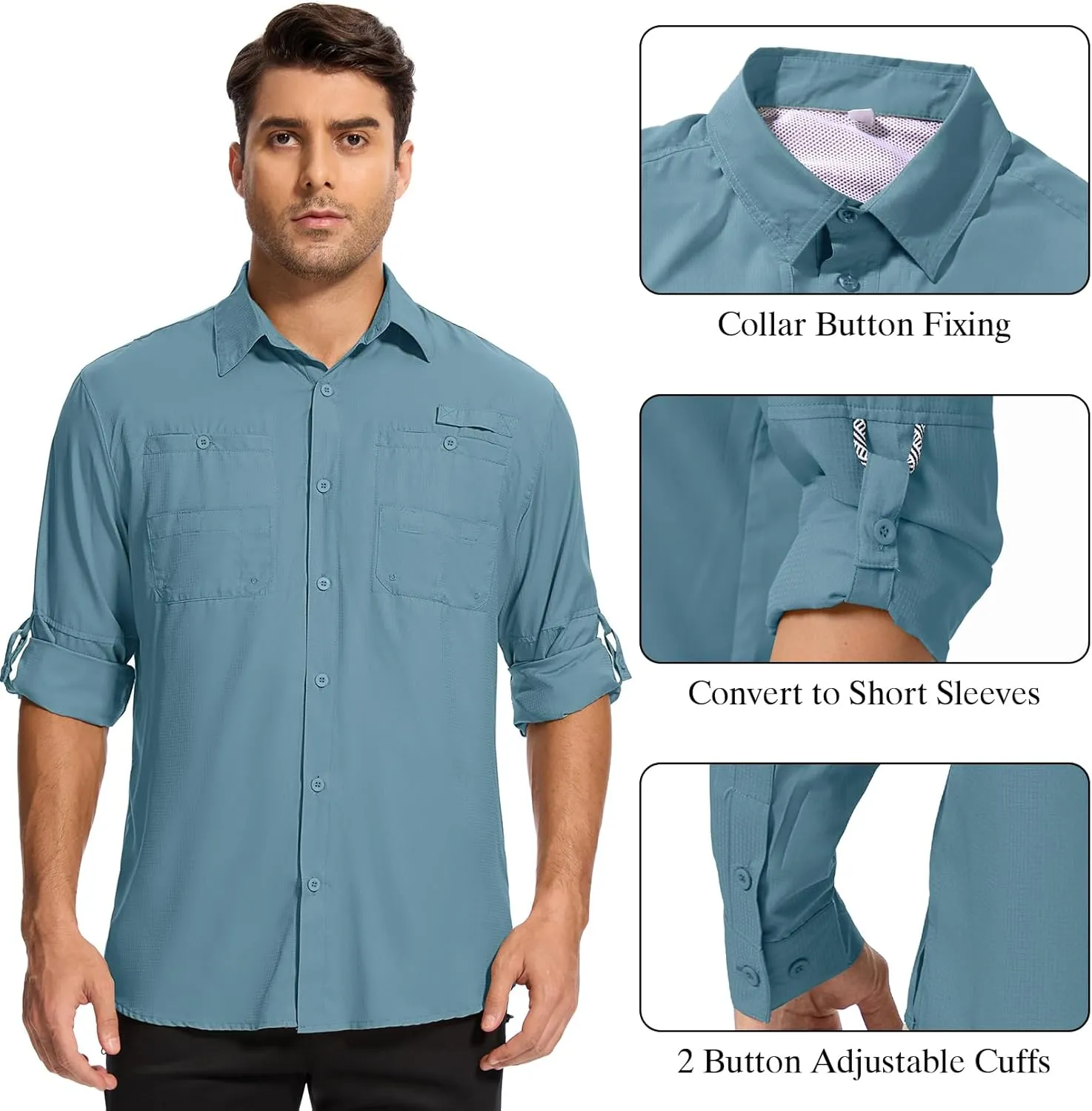 Mens Safari Shirt Long Sleeve UPF 50  Sun Protection Fishing Shirts Men，Convertible Cuffs Hiking Shirts for Men