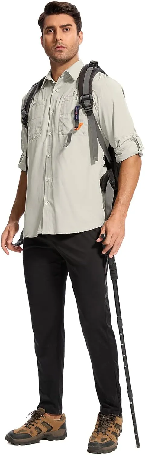 Mens Safari Shirt Long Sleeve UPF 50  Sun Protection Fishing Shirts Men，Convertible Cuffs Hiking Shirts for Men