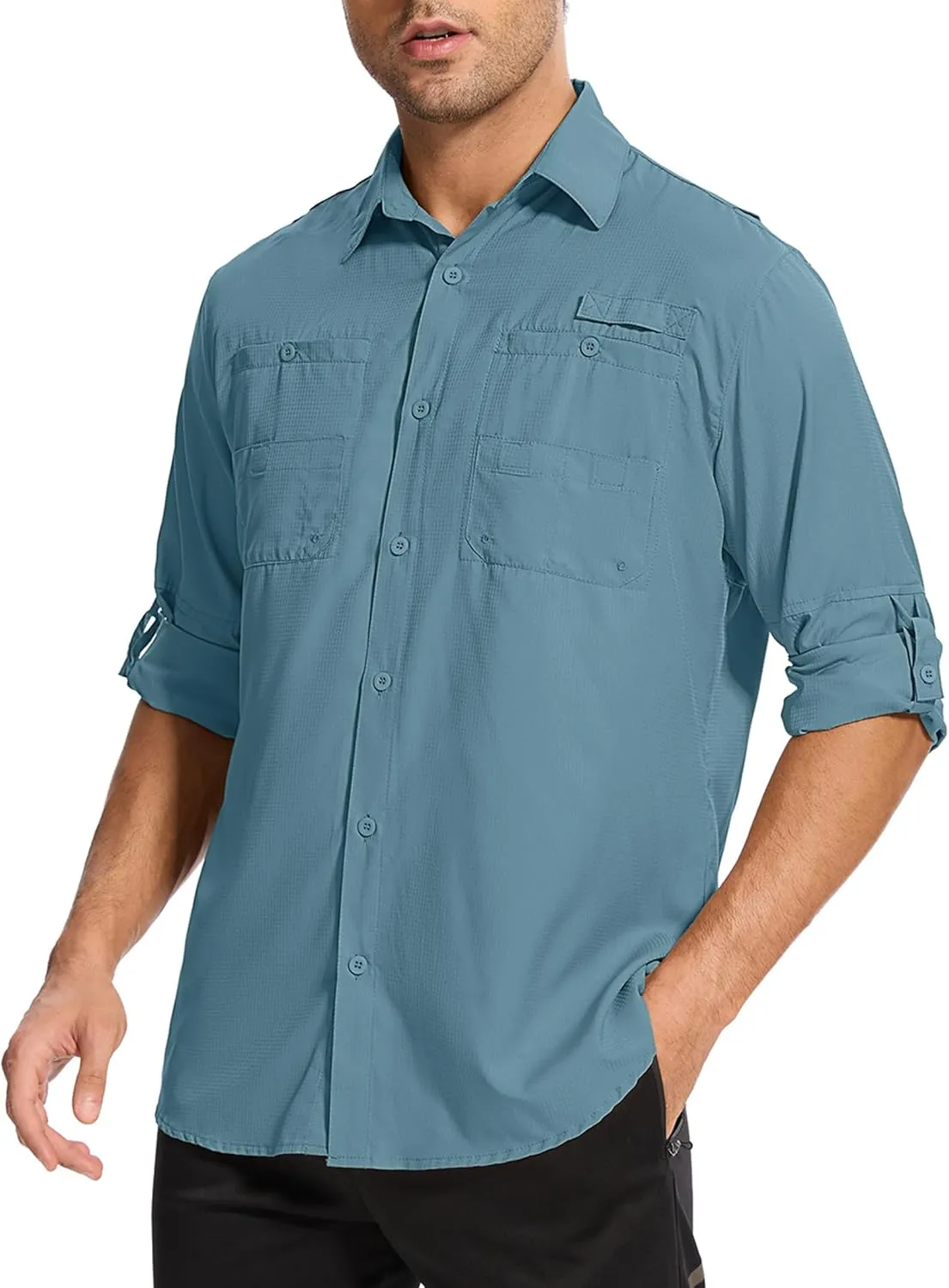 Mens Safari Shirt Long Sleeve UPF 50  Sun Protection Fishing Shirts Men，Convertible Cuffs Hiking Shirts for Men