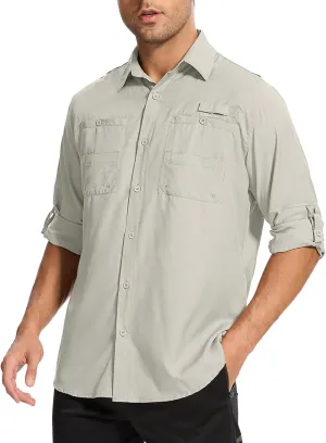 Mens Safari Shirt Long Sleeve UPF 50  Sun Protection Fishing Shirts Men，Convertible Cuffs Hiking Shirts for Men