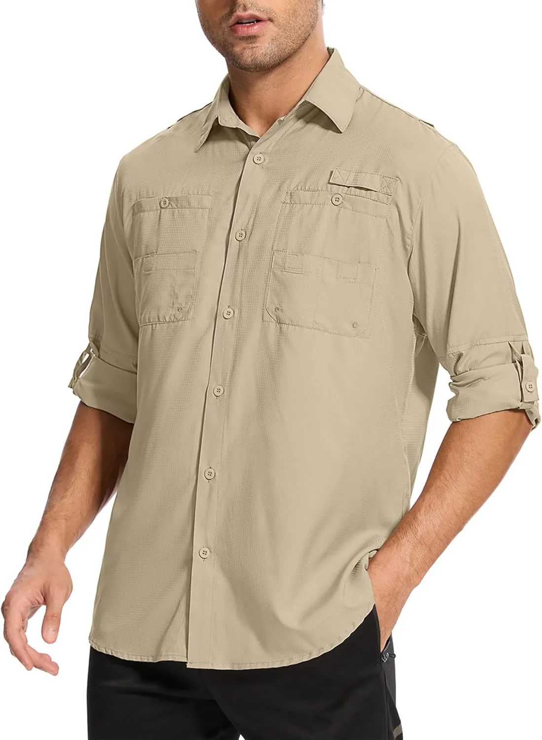 Mens Safari Shirt Long Sleeve UPF 50  Sun Protection Fishing Shirts Men，Convertible Cuffs Hiking Shirts for Men