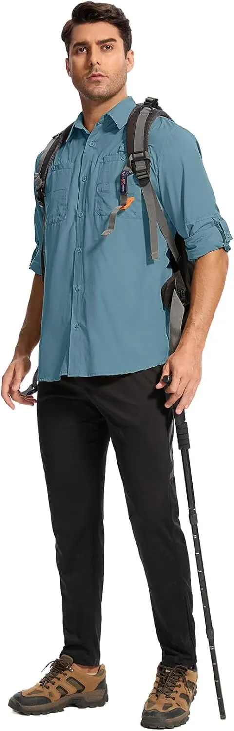Mens Safari Shirt Long Sleeve UPF 50  Sun Protection Fishing Shirts Men，Convertible Cuffs Hiking Shirts for Men