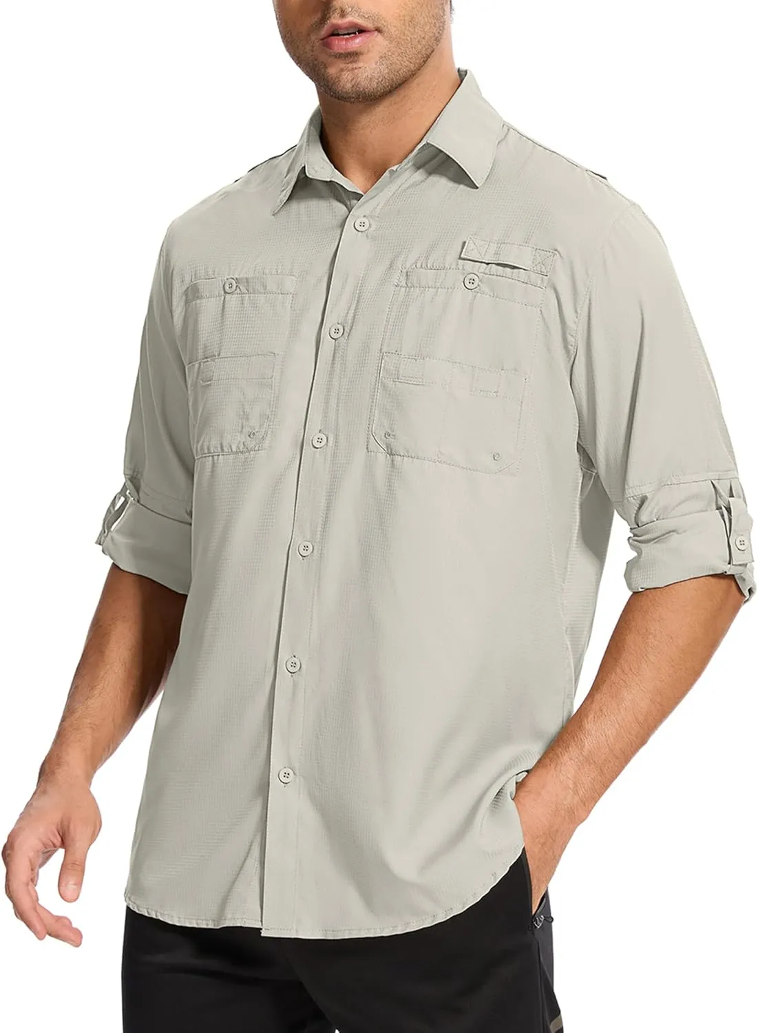 Mens Safari Shirt Long Sleeve UPF 50  Sun Protection Fishing Shirts Men，Convertible Cuffs Hiking Shirts for Men