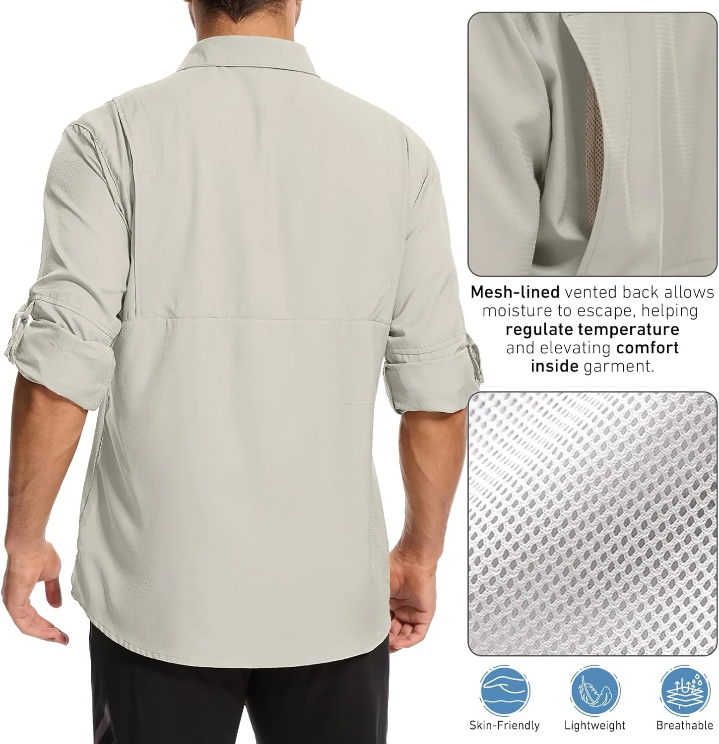 Mens Safari Shirt Long Sleeve UPF 50  Sun Protection Fishing Shirts Men，Convertible Cuffs Hiking Shirts for Men