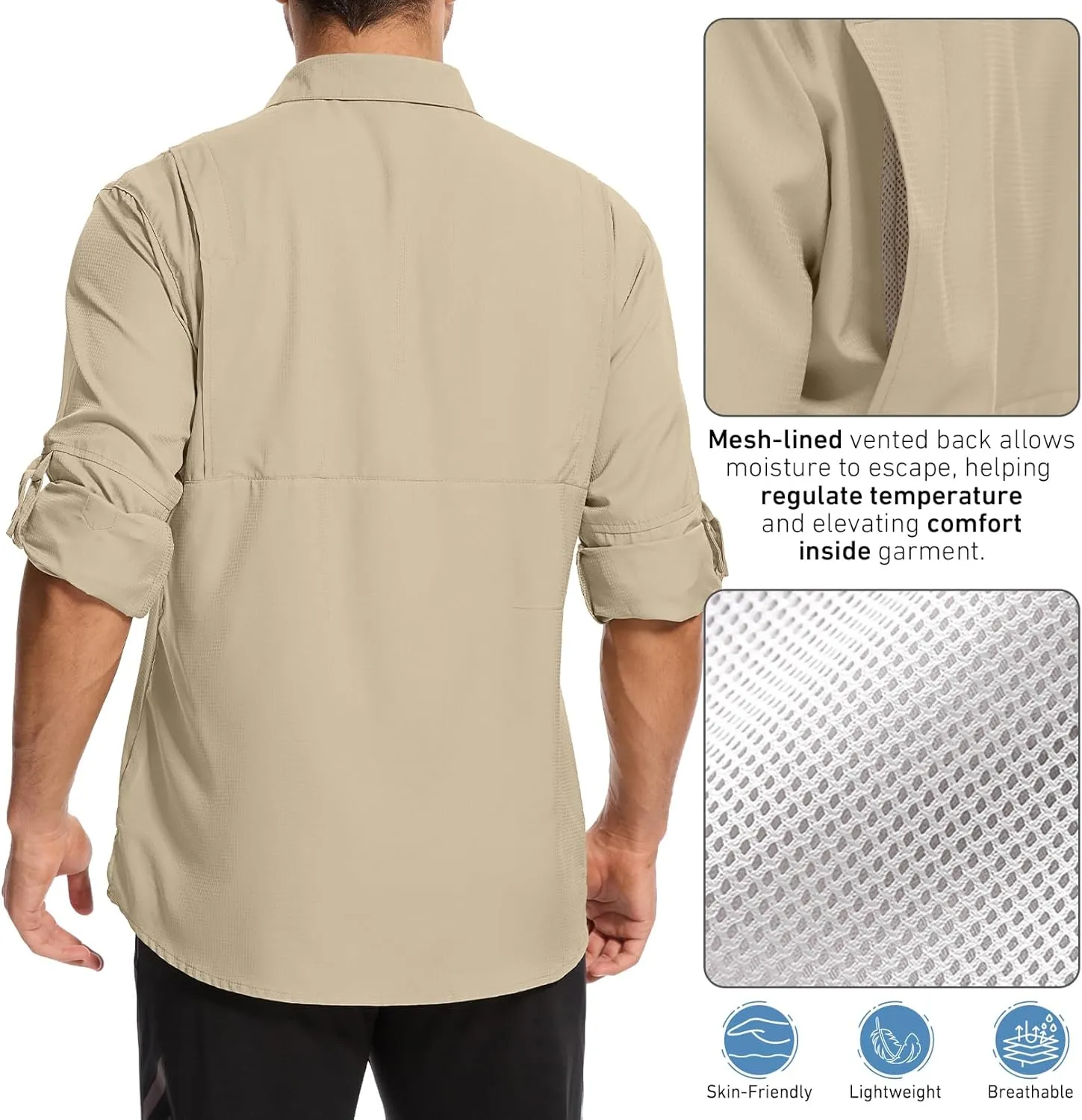 Mens Safari Shirt Long Sleeve UPF 50  Sun Protection Fishing Shirts Men，Convertible Cuffs Hiking Shirts for Men