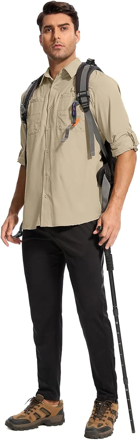 Mens Safari Shirt Long Sleeve UPF 50  Sun Protection Fishing Shirts Men，Convertible Cuffs Hiking Shirts for Men
