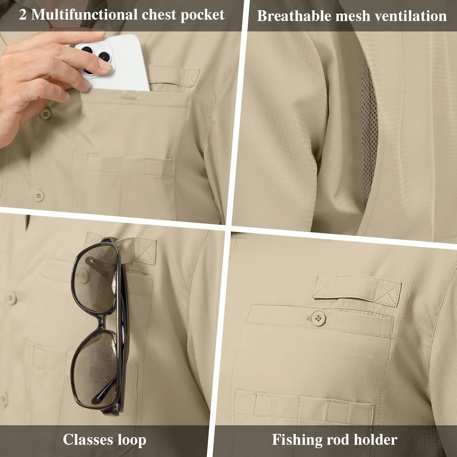 Mens Safari Shirt Long Sleeve UPF 50  Sun Protection Fishing Shirts Men，Convertible Cuffs Hiking Shirts for Men