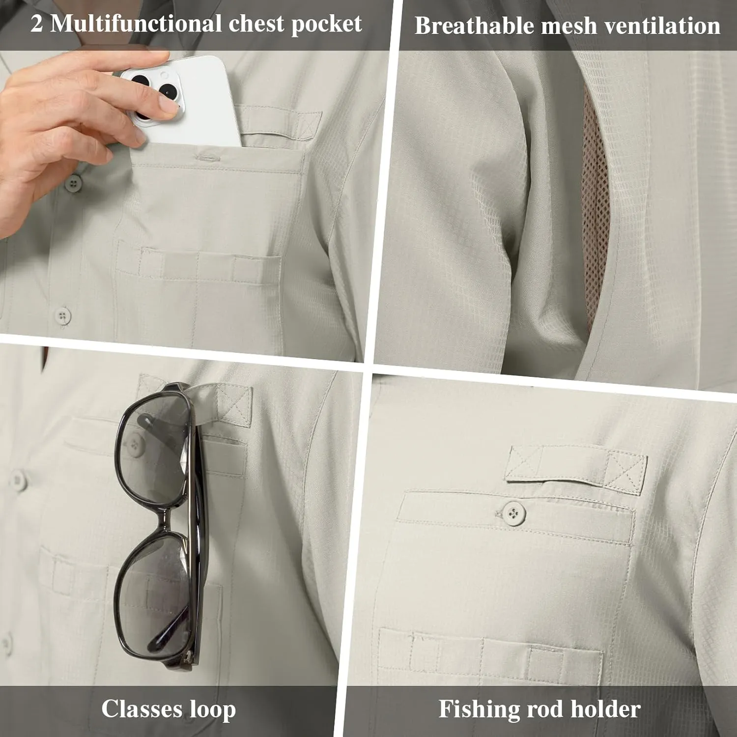 Mens Safari Shirt Long Sleeve UPF 50  Sun Protection Fishing Shirts Men，Convertible Cuffs Hiking Shirts for Men