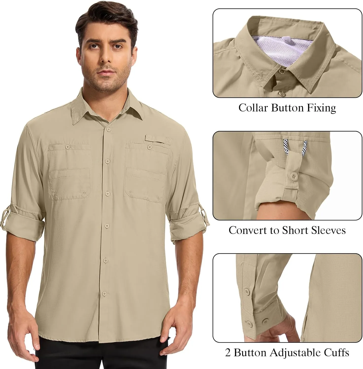 Mens Safari Shirt Long Sleeve UPF 50  Sun Protection Fishing Shirts Men，Convertible Cuffs Hiking Shirts for Men