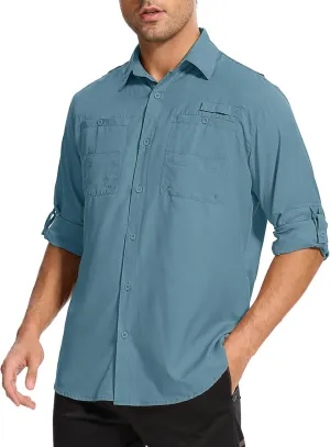 Mens Safari Shirt Long Sleeve UPF 50  Sun Protection Fishing Shirts Men，Convertible Cuffs Hiking Shirts for Men
