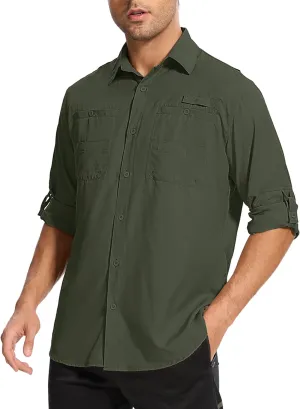 Mens Safari Shirt Long Sleeve UPF 50  Sun Protection Fishing Shirts Men，Convertible Cuffs Hiking Shirts for Men