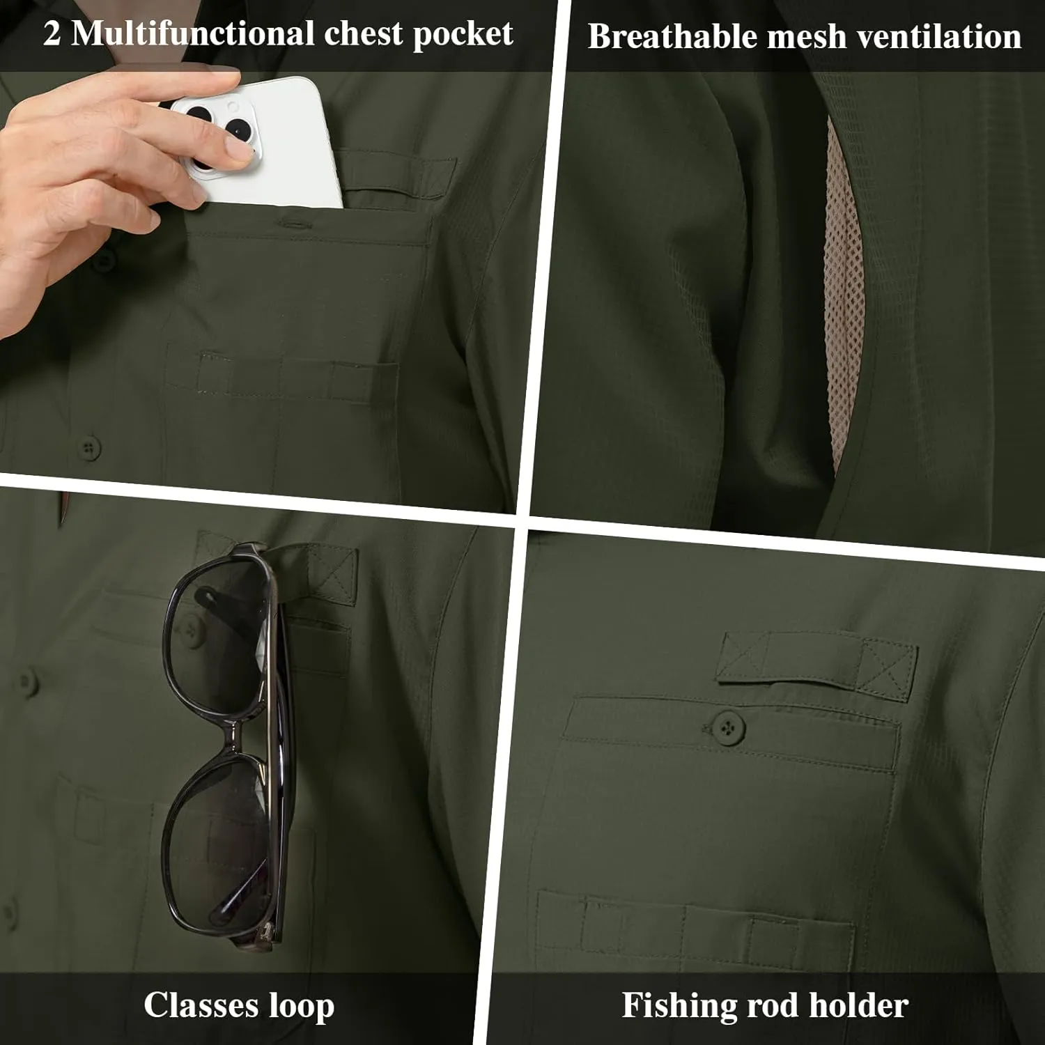 Mens Safari Shirt Long Sleeve UPF 50  Sun Protection Fishing Shirts Men，Convertible Cuffs Hiking Shirts for Men
