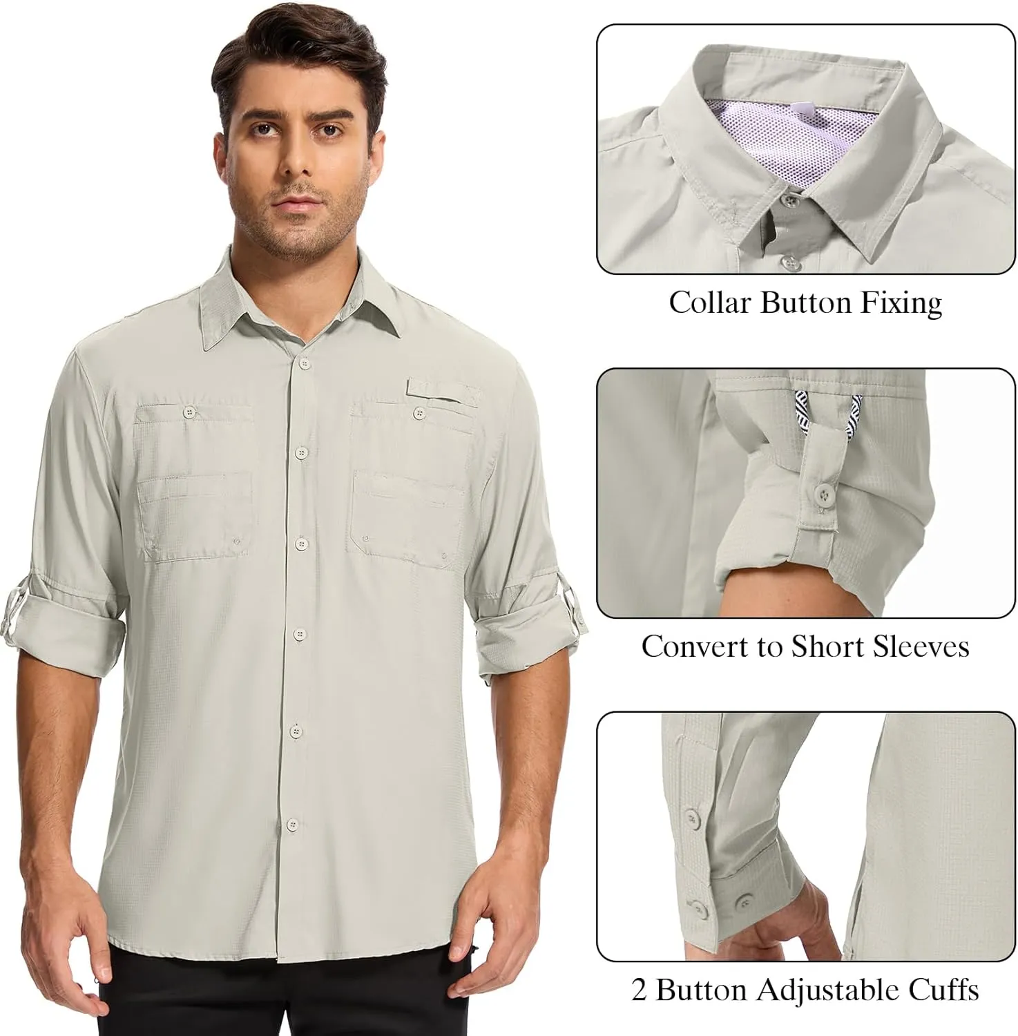 Mens Safari Shirt Long Sleeve UPF 50  Sun Protection Fishing Shirts Men，Convertible Cuffs Hiking Shirts for Men