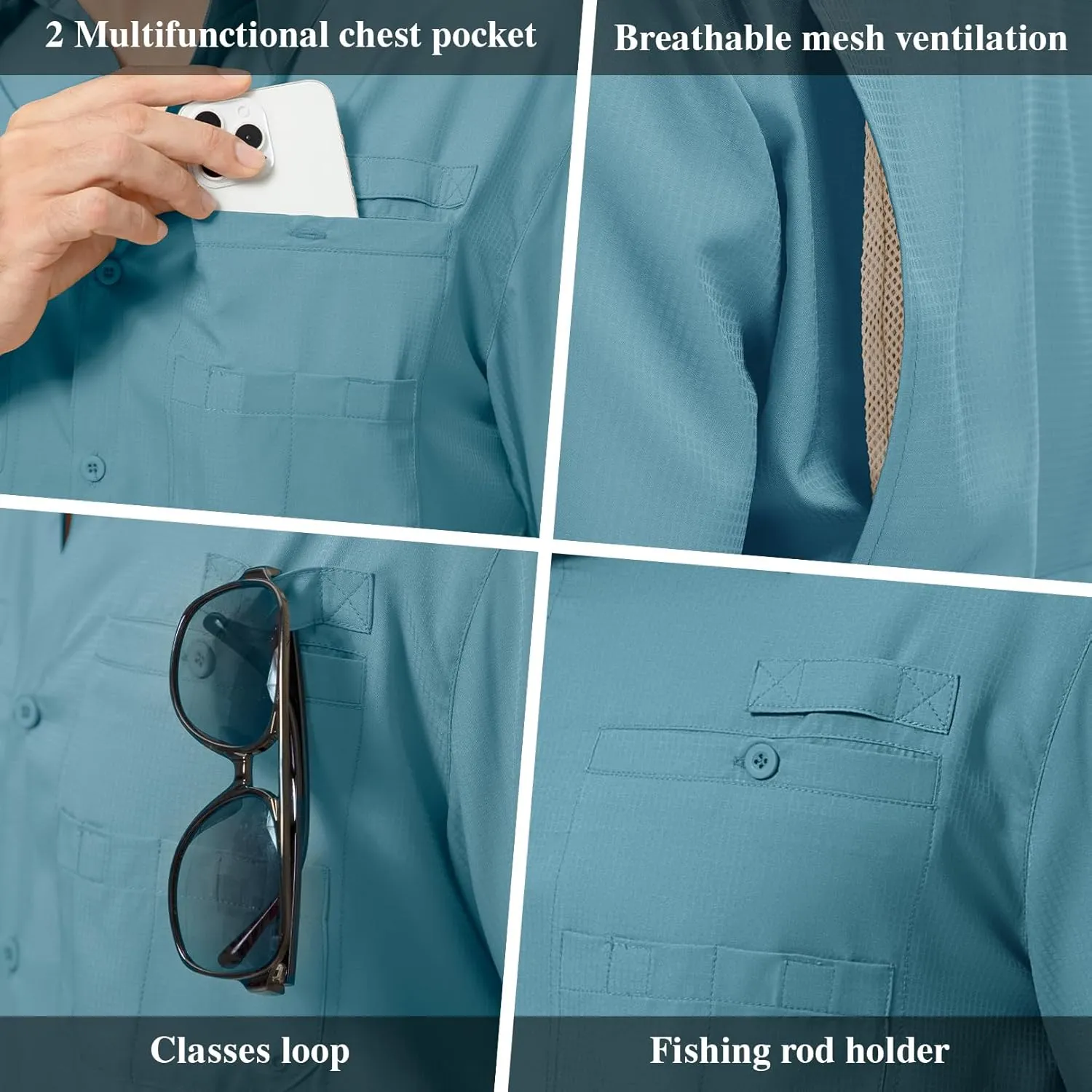 Mens Safari Shirt Long Sleeve UPF 50  Sun Protection Fishing Shirts Men，Convertible Cuffs Hiking Shirts for Men
