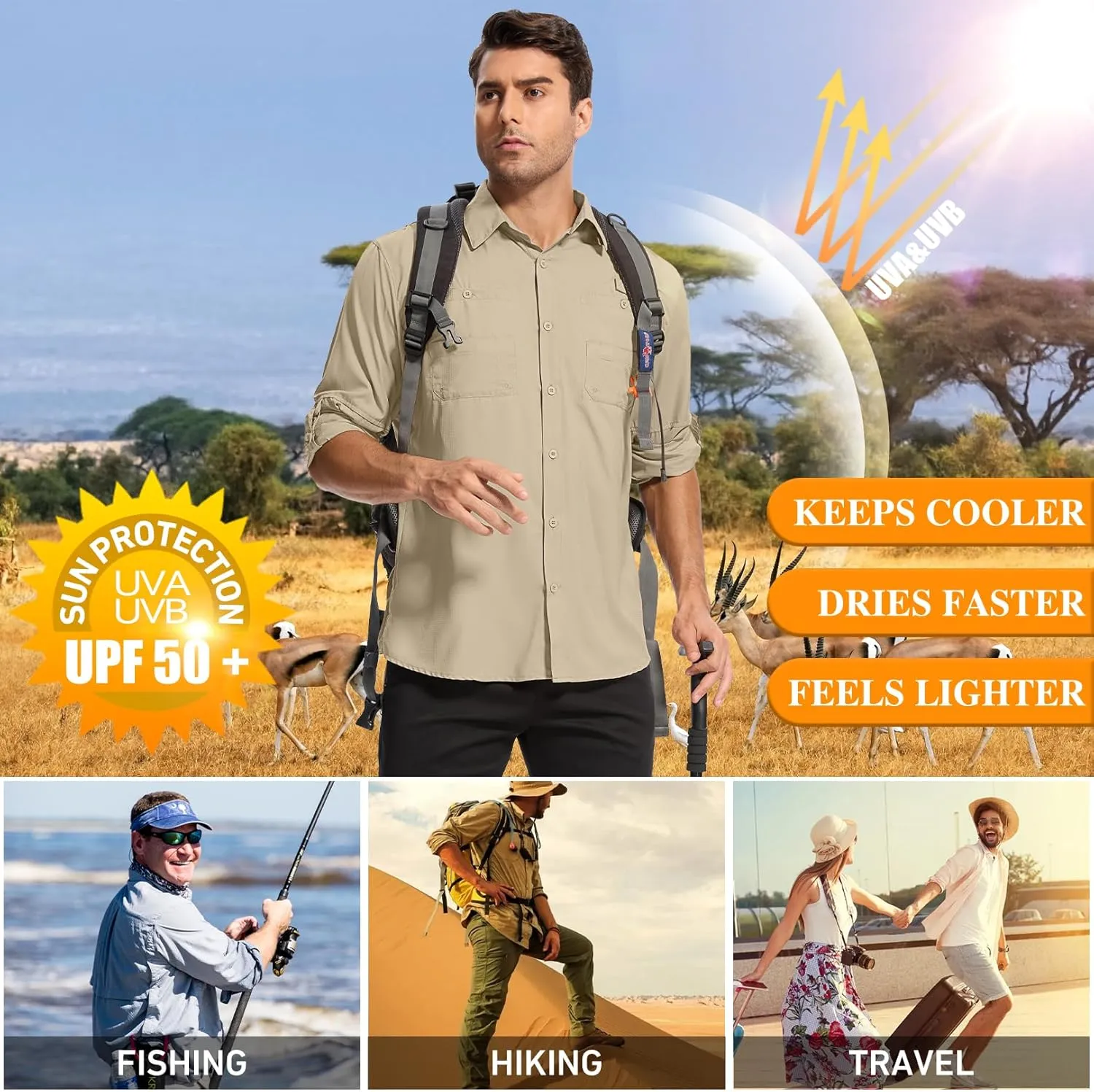 Mens Safari Shirt Long Sleeve UPF 50  Sun Protection Fishing Shirts Men，Convertible Cuffs Hiking Shirts for Men