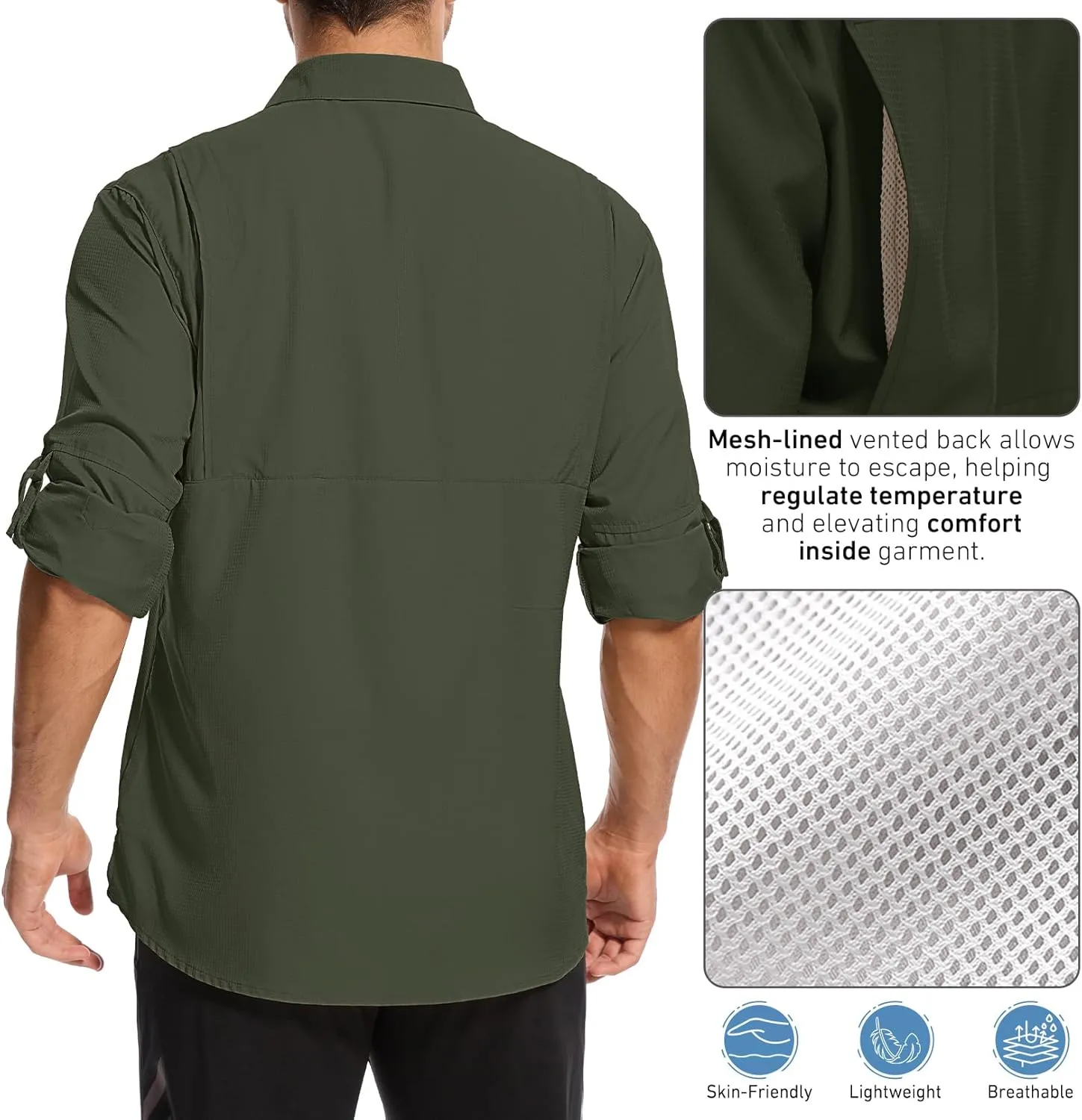 Mens Safari Shirt Long Sleeve UPF 50  Sun Protection Fishing Shirts Men，Convertible Cuffs Hiking Shirts for Men