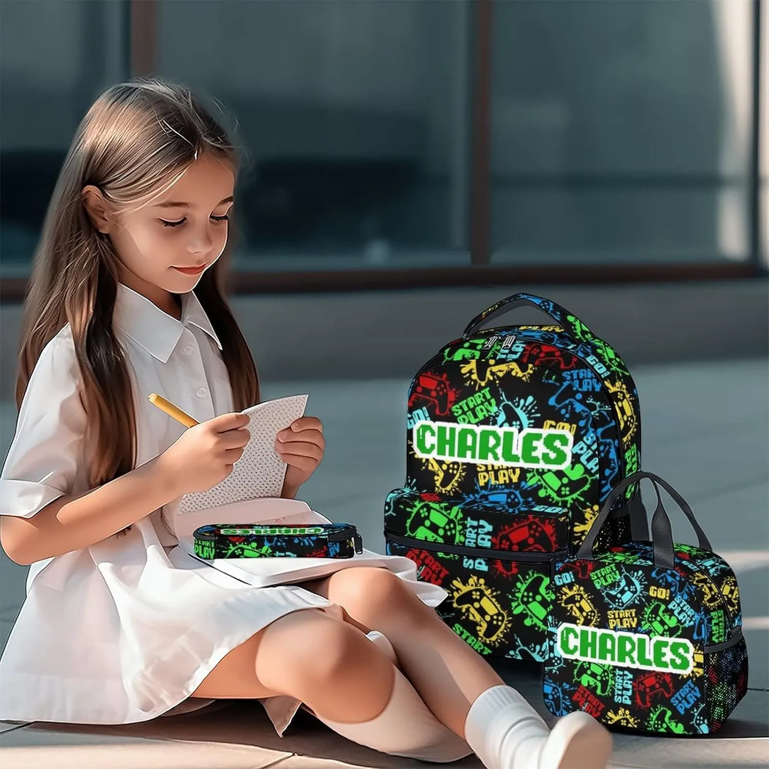 Mercuryelf Backpack and Lunch Box Set - 17 Inch Custom Boys Gaming Bookbag with Lunch Bag and Pencil for Primary Middle - Personalized Cute 3 in 1 Gamer Backpacks Set