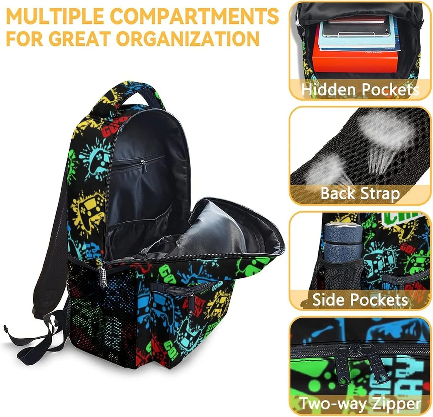 Mercuryelf Backpack and Lunch Box Set - 17 Inch Custom Boys Gaming Bookbag with Lunch Bag and Pencil for Primary Middle - Personalized Cute 3 in 1 Gamer Backpacks Set