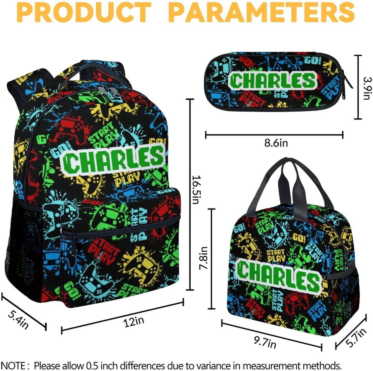 Mercuryelf Backpack and Lunch Box Set - 17 Inch Custom Boys Gaming Bookbag with Lunch Bag and Pencil for Primary Middle - Personalized Cute 3 in 1 Gamer Backpacks Set