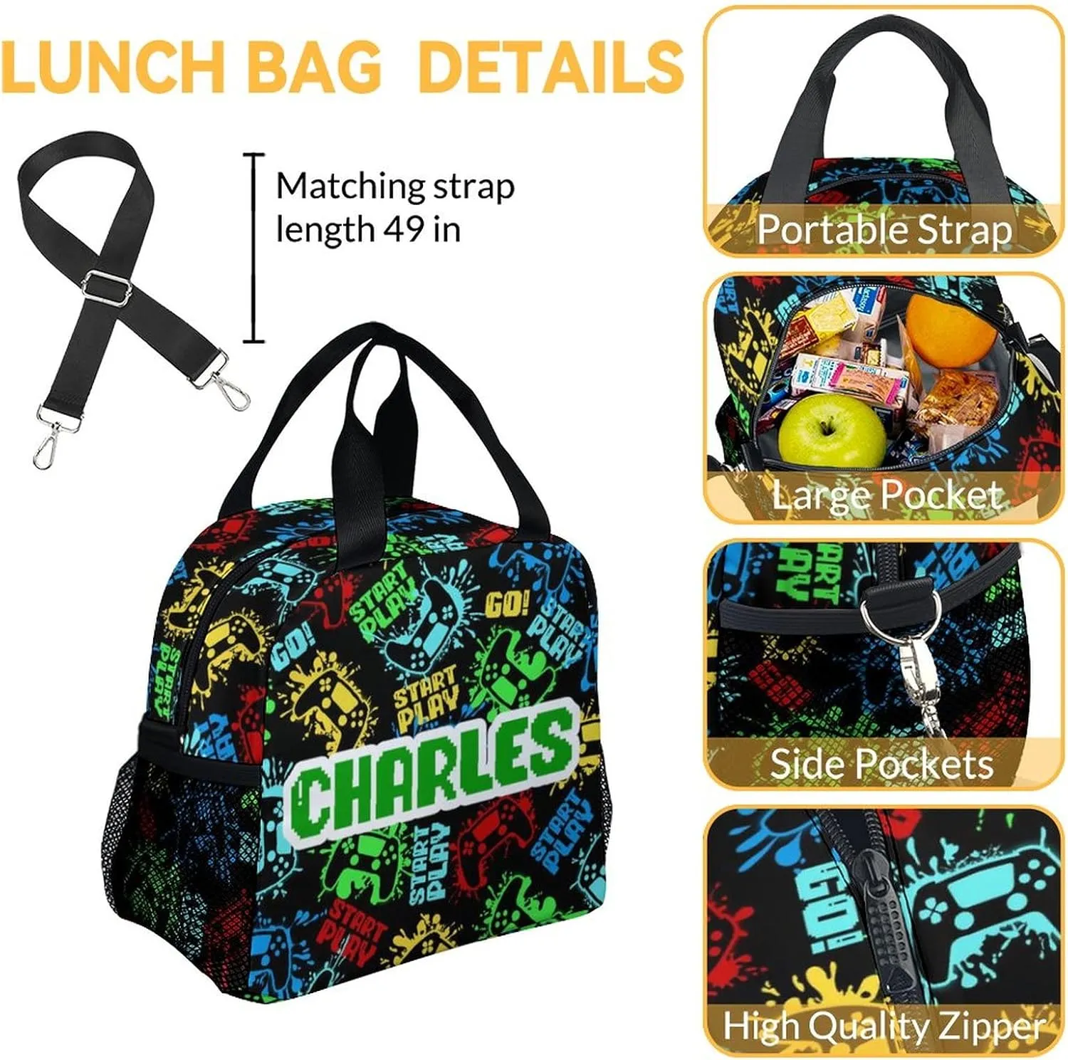 Mercuryelf Backpack and Lunch Box Set - 17 Inch Custom Boys Gaming Bookbag with Lunch Bag and Pencil for Primary Middle - Personalized Cute 3 in 1 Gamer Backpacks Set