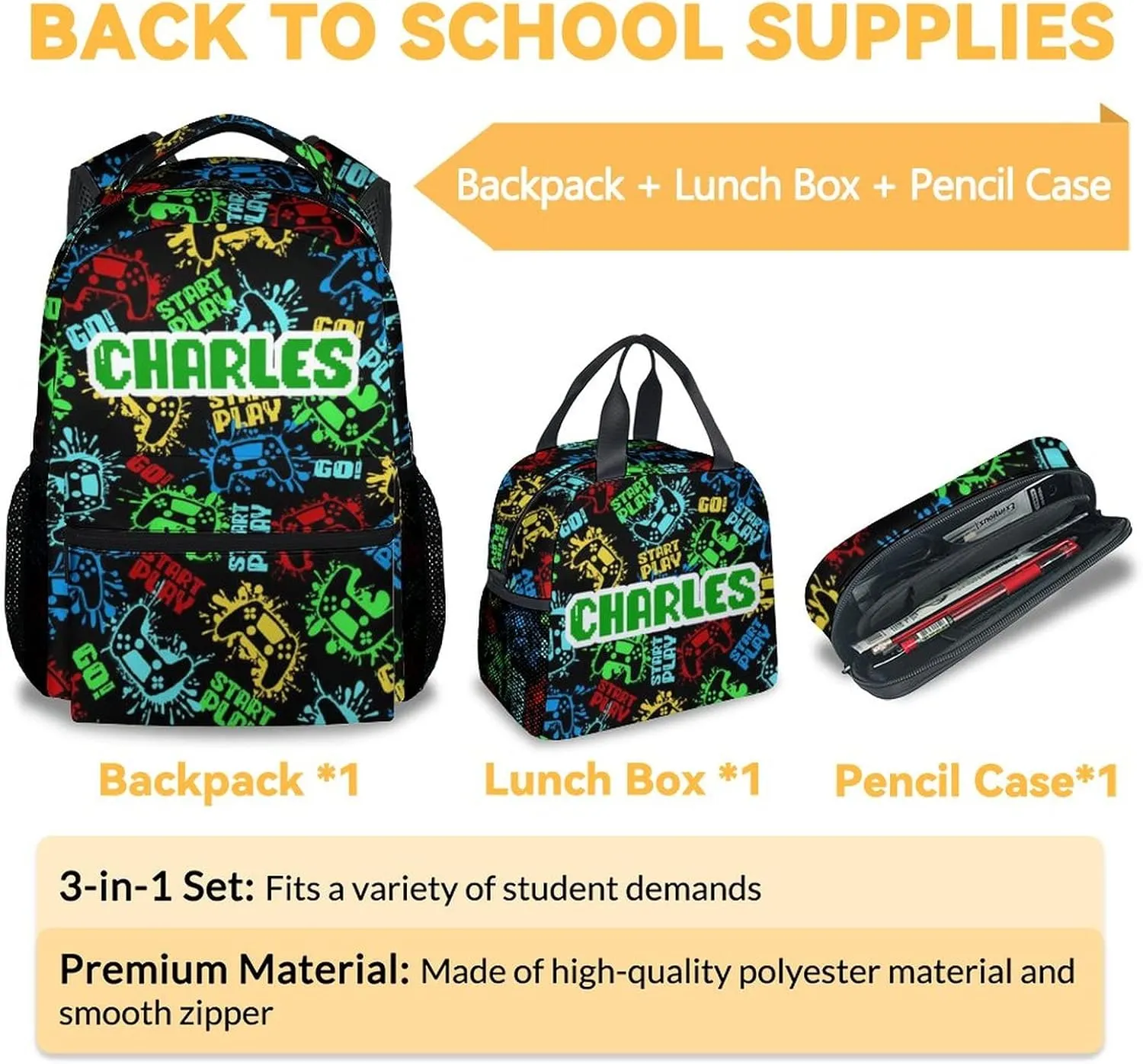 Mercuryelf Backpack and Lunch Box Set - 17 Inch Custom Boys Gaming Bookbag with Lunch Bag and Pencil for Primary Middle - Personalized Cute 3 in 1 Gamer Backpacks Set