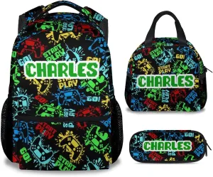 Mercuryelf Backpack and Lunch Box Set - 17 Inch Custom Boys Gaming Bookbag with Lunch Bag and Pencil for Primary Middle - Personalized Cute 3 in 1 Gamer Backpacks Set