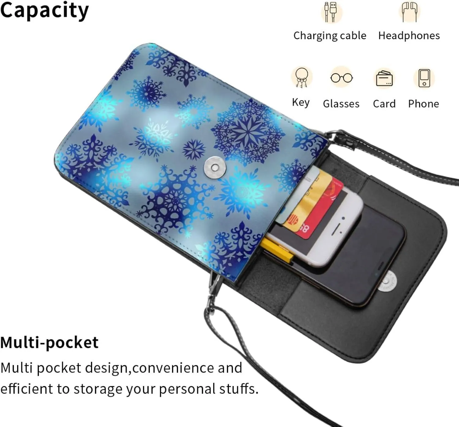 Merry Christmas Snowflakes Blue Leather Crossbody Phone Purse for Women Cute Wallet Bags Lightweight Mini Sling Bag