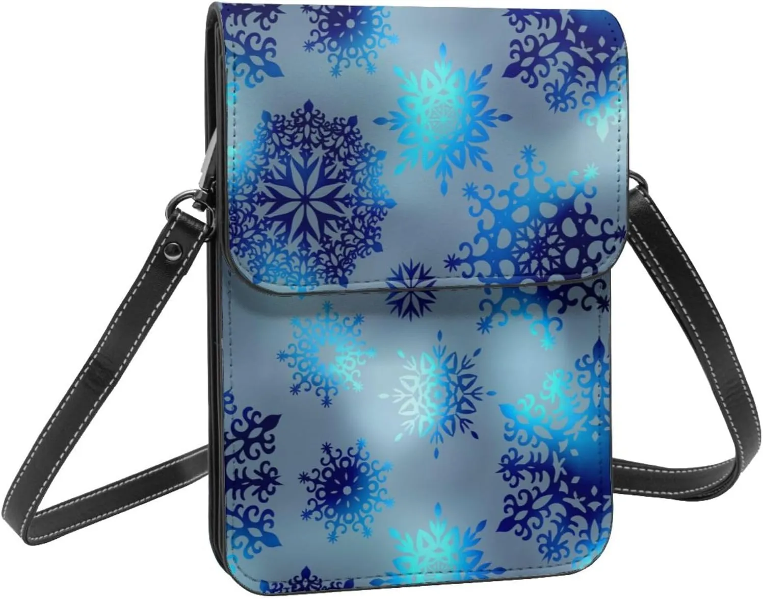 Merry Christmas Snowflakes Blue Leather Crossbody Phone Purse for Women Cute Wallet Bags Lightweight Mini Sling Bag