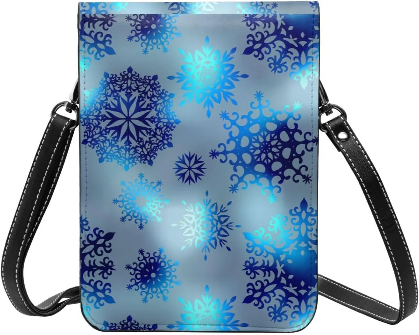 Merry Christmas Snowflakes Blue Leather Crossbody Phone Purse for Women Cute Wallet Bags Lightweight Mini Sling Bag