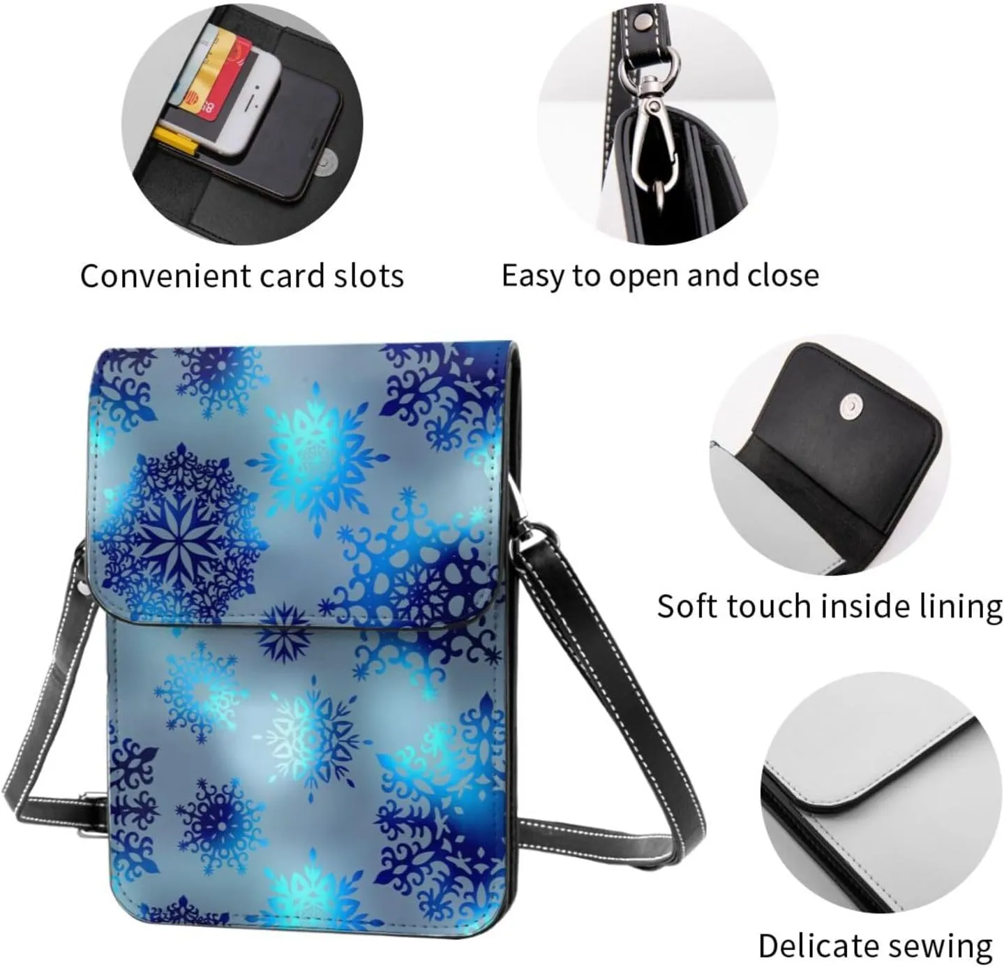 Merry Christmas Snowflakes Blue Leather Crossbody Phone Purse for Women Cute Wallet Bags Lightweight Mini Sling Bag