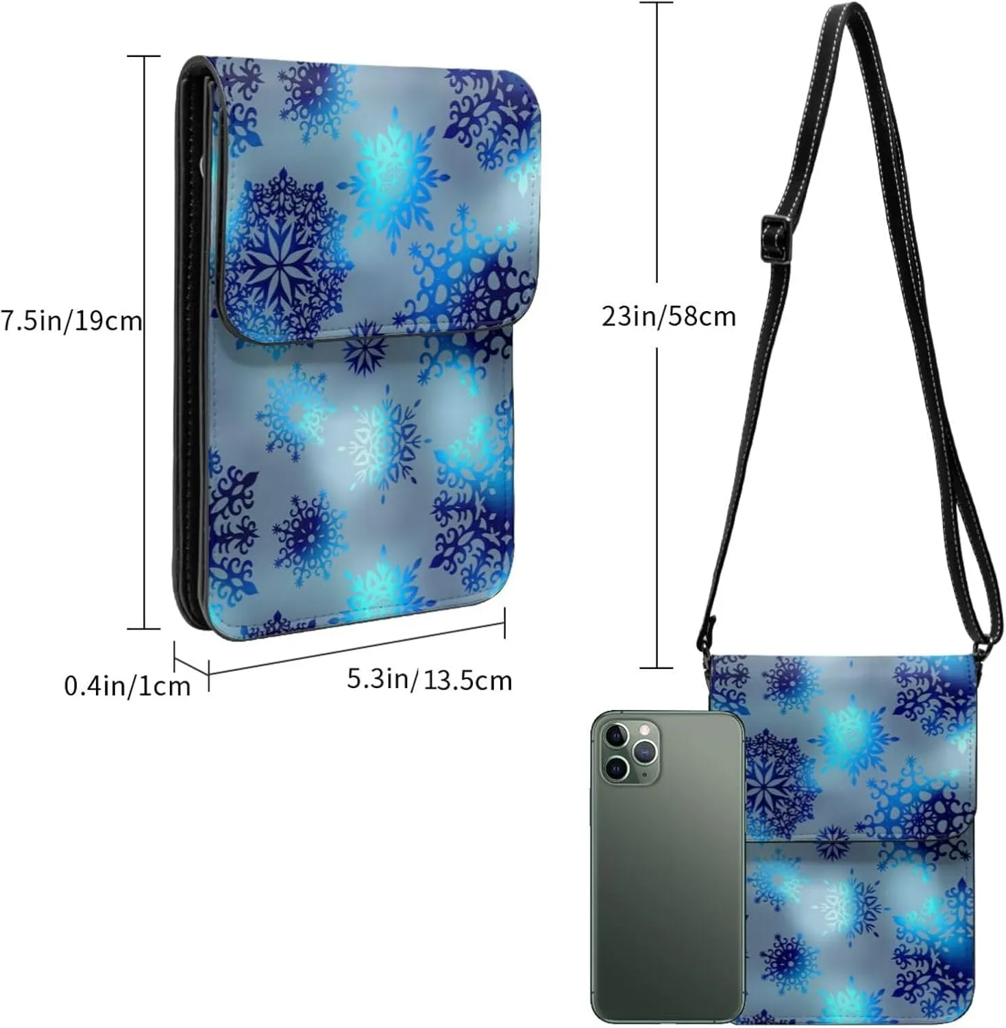 Merry Christmas Snowflakes Blue Leather Crossbody Phone Purse for Women Cute Wallet Bags Lightweight Mini Sling Bag