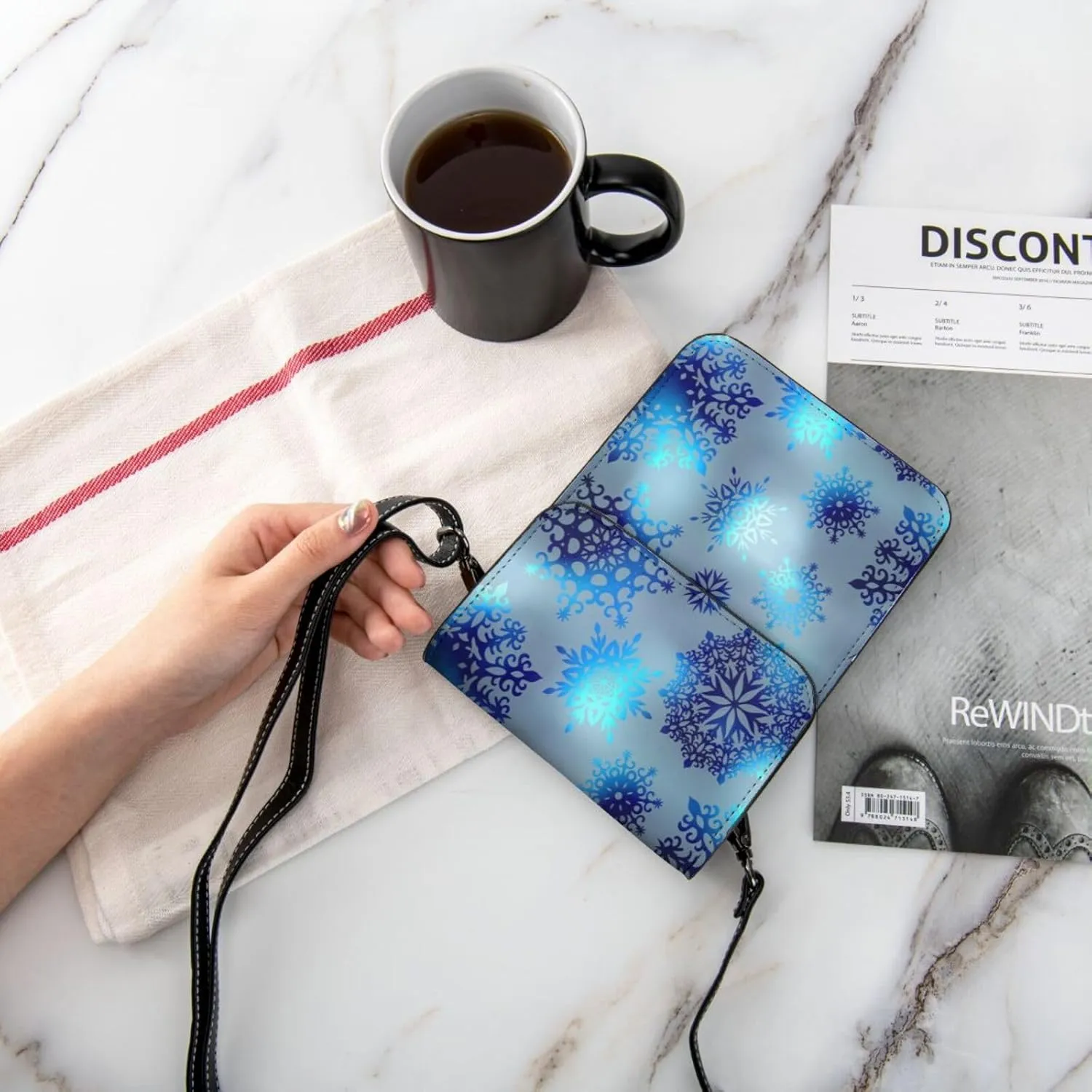 Merry Christmas Snowflakes Blue Leather Crossbody Phone Purse for Women Cute Wallet Bags Lightweight Mini Sling Bag
