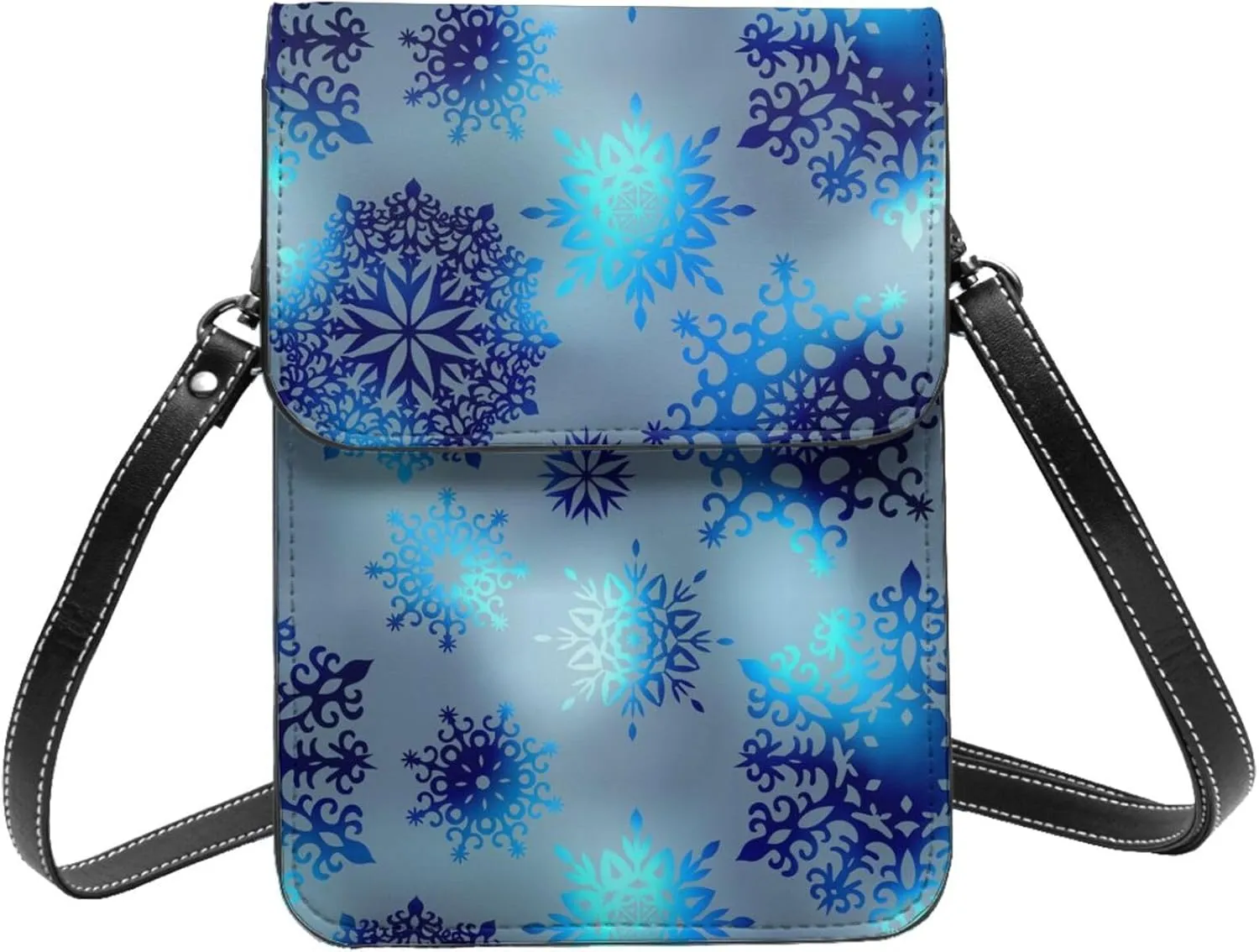 Merry Christmas Snowflakes Blue Leather Crossbody Phone Purse for Women Cute Wallet Bags Lightweight Mini Sling Bag