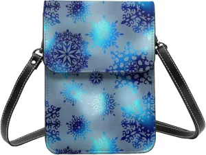 Merry Christmas Snowflakes Blue Leather Crossbody Phone Purse for Women Cute Wallet Bags Lightweight Mini Sling Bag