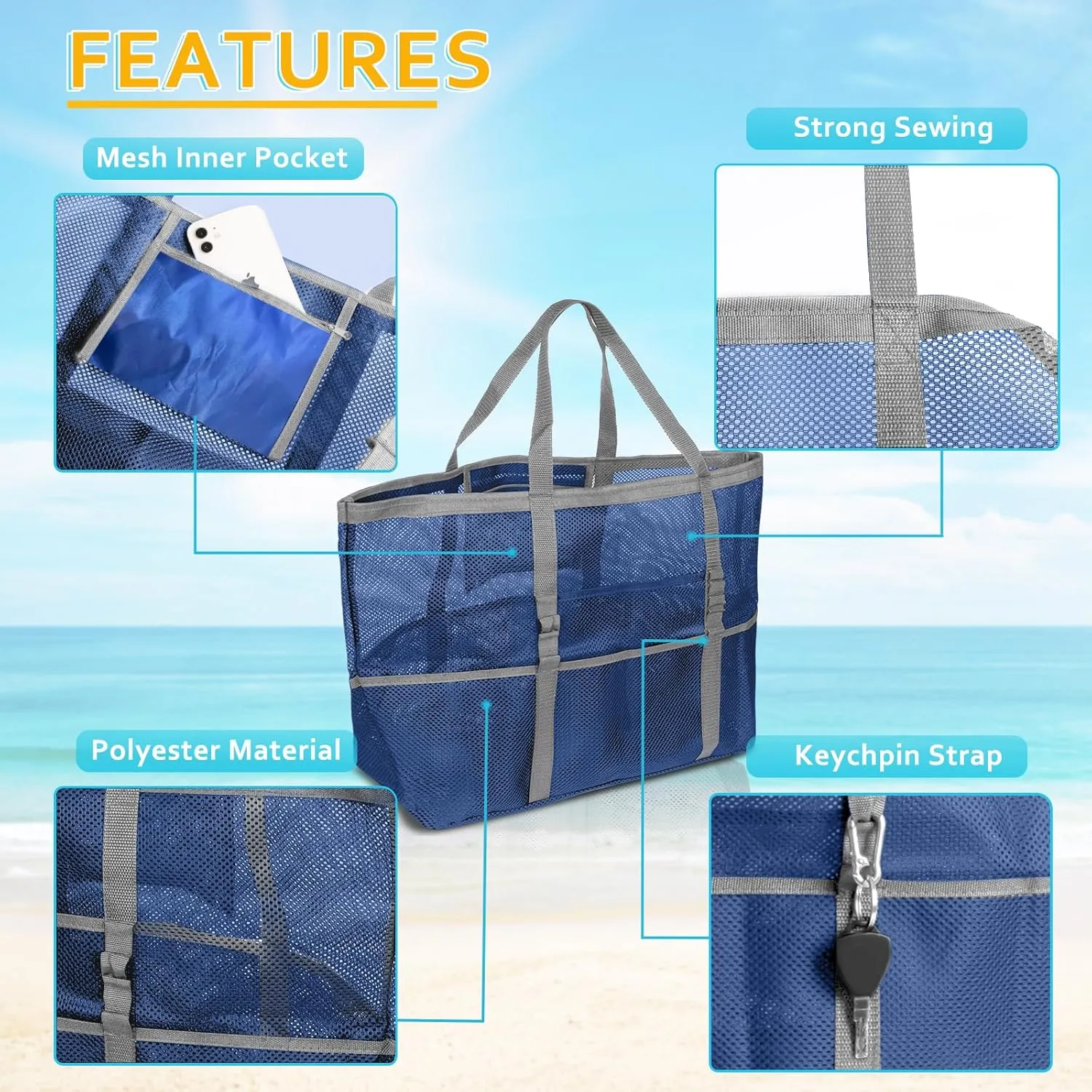 Mesh Beach Bag - Large Tote Bag for Family, Toys & Vacation Essentials