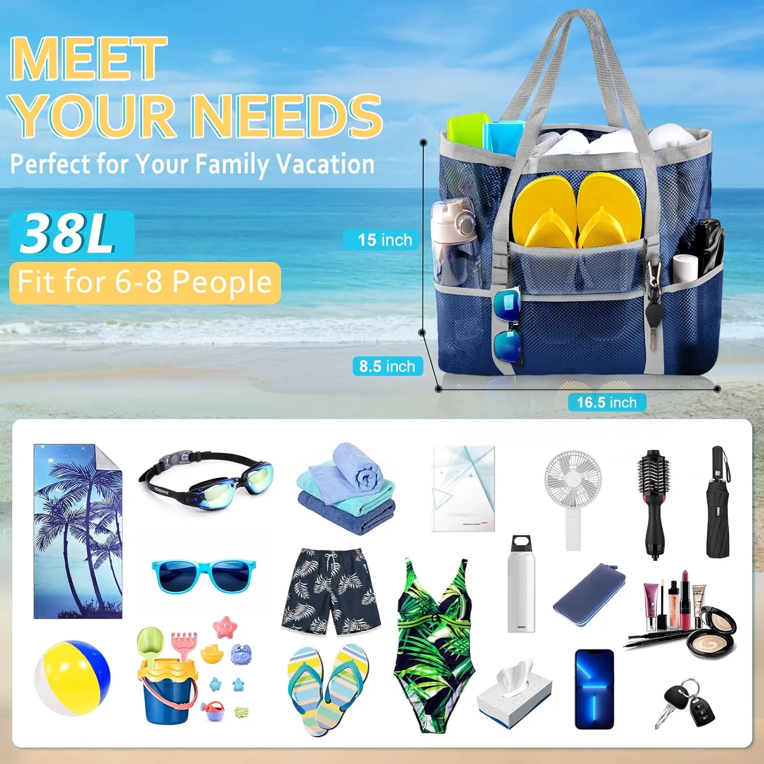 Mesh Beach Bag - Large Tote Bag for Family, Toys & Vacation Essentials
