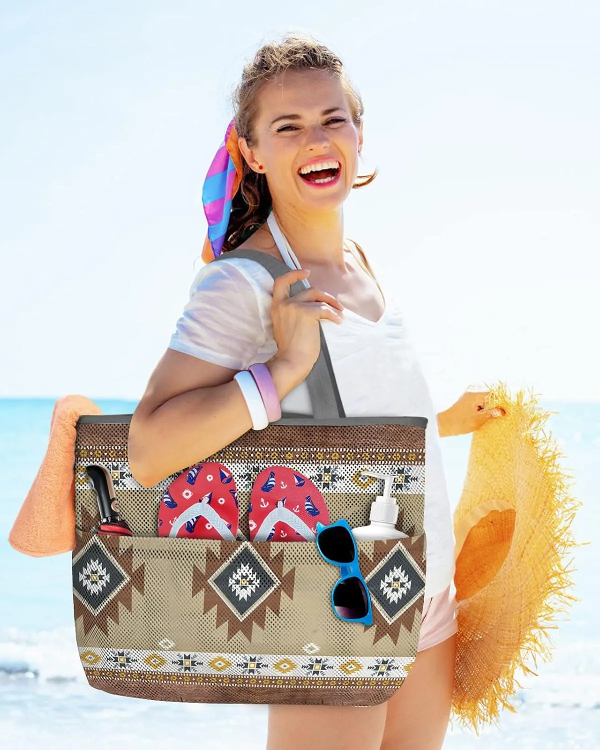 Mesh Beach Bag Oversized Tote Bags for Women Aztec Ethnic Style Boho Geometric Large Travel Pool Bags Grocery Toy Tote Bags