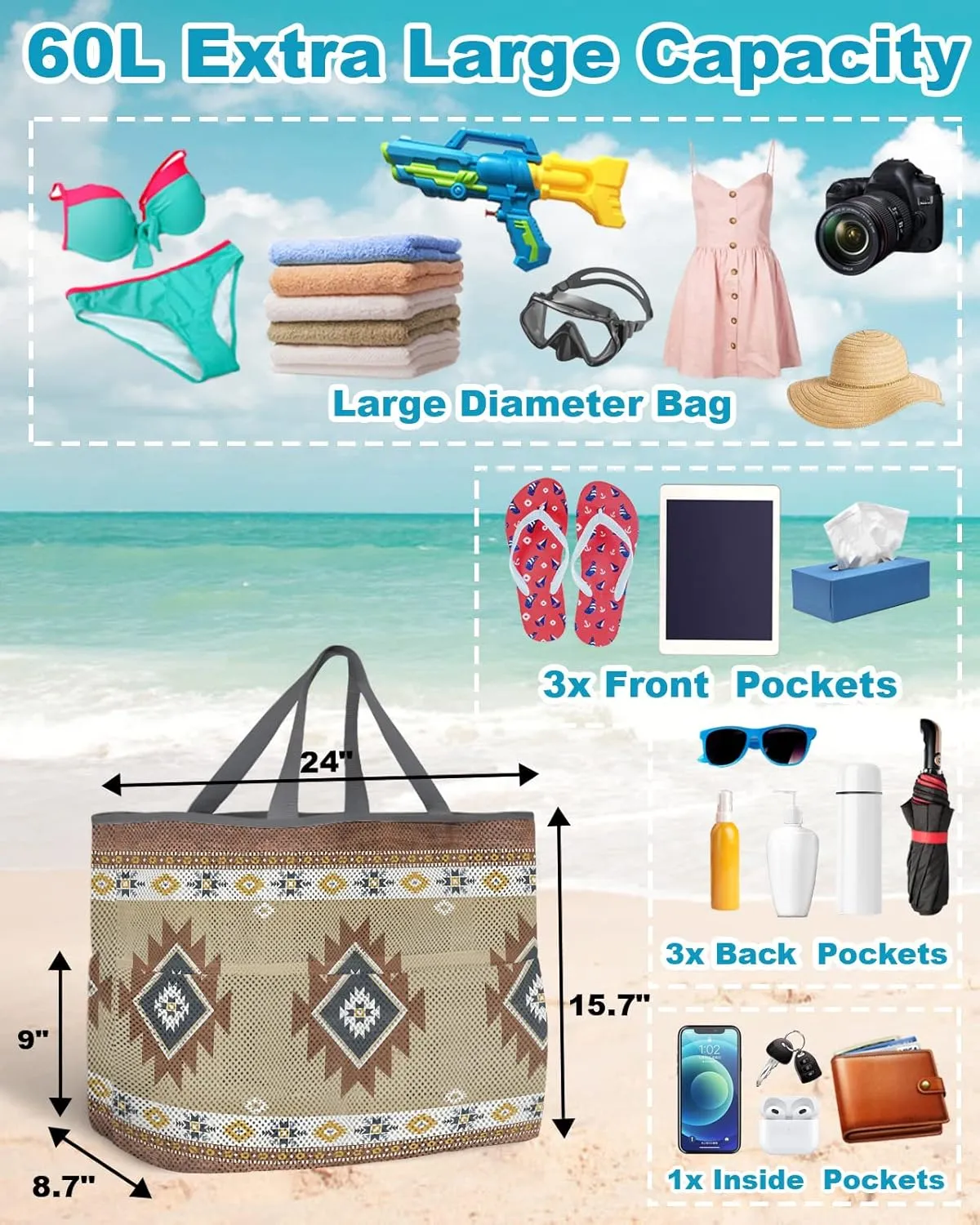 Mesh Beach Bag Oversized Tote Bags for Women Aztec Ethnic Style Boho Geometric Large Travel Pool Bags Grocery Toy Tote Bags