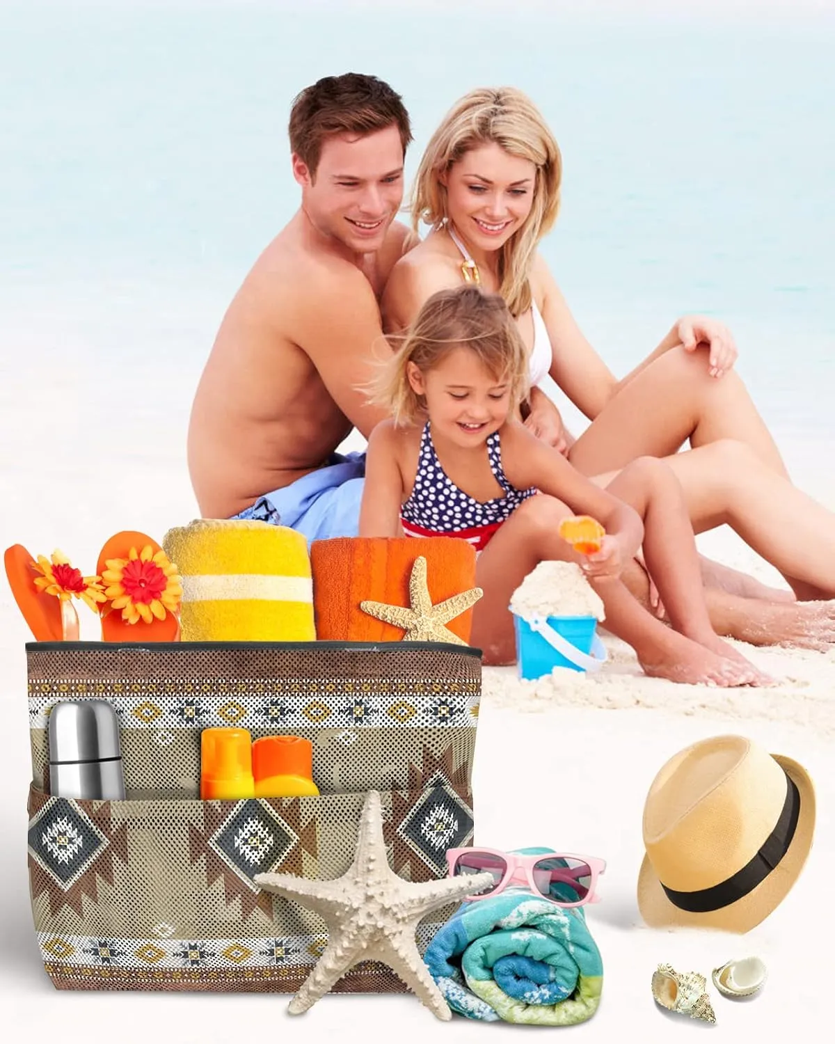 Mesh Beach Bag Oversized Tote Bags for Women Aztec Ethnic Style Boho Geometric Large Travel Pool Bags Grocery Toy Tote Bags