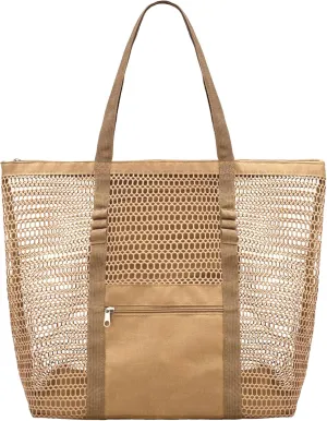 Mesh Beach Bags for Women with Zipper Foldable Hobo Tote Bag Vacation Shoulder Bags for Swimming Pools