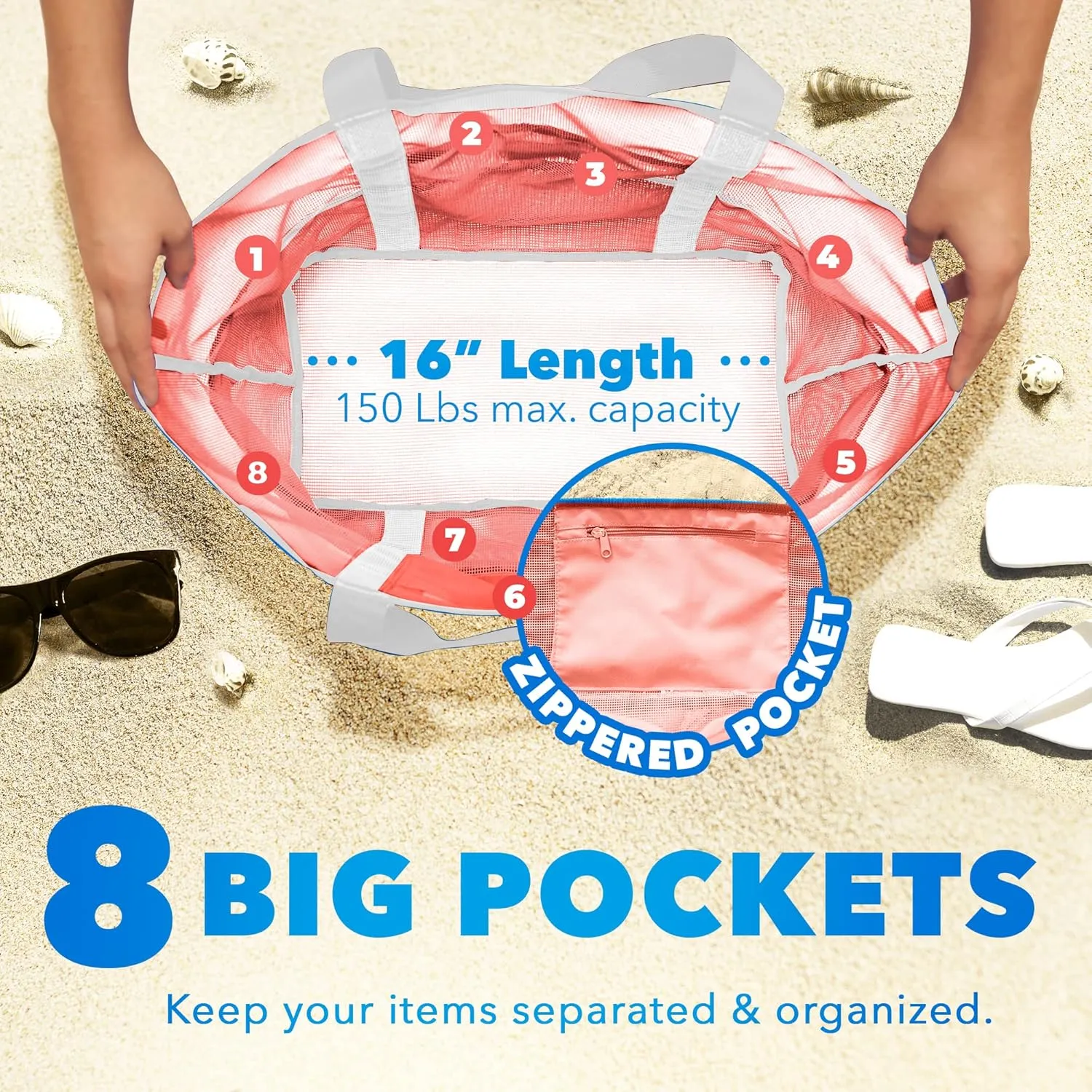 Mesh Sand Free Bag - Strong Lightweight Bag For Beach & Vacation Essentials. Tons of Storage!