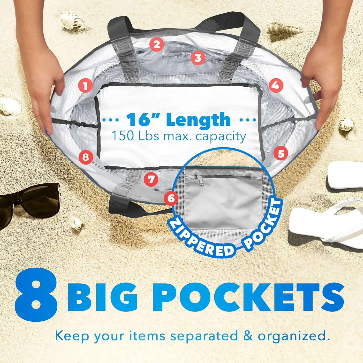 Mesh Sand Free Bag - Strong Lightweight Bag For Beach & Vacation Essentials. Tons of Storage!