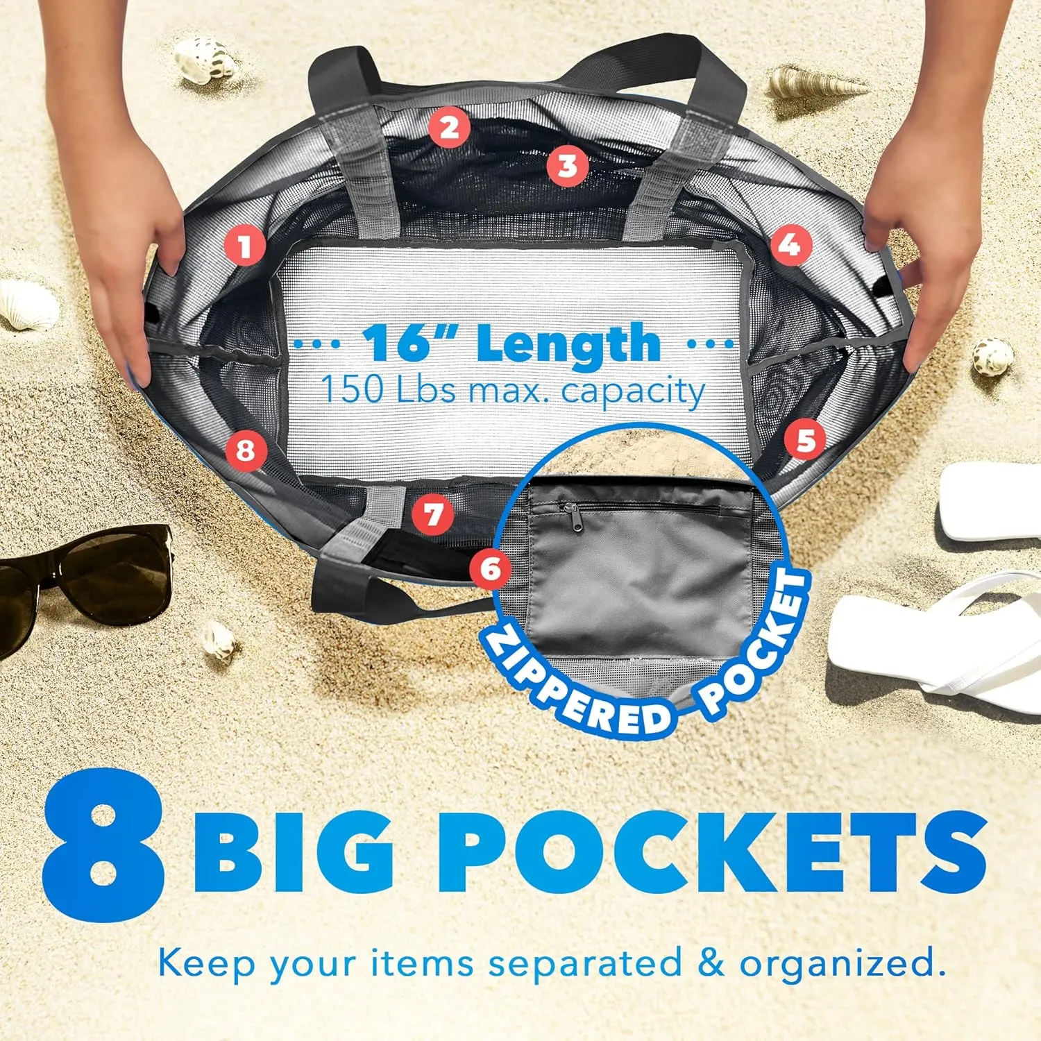 Mesh Sand Free Bag - Strong Lightweight Bag For Beach & Vacation Essentials. Tons of Storage!