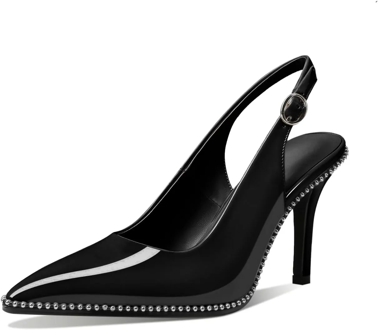 Mettesally Women's Beaded Slingback Pumps Stilettos Heels Closed Pointed Toe Fashion Dress Shoes 3.5 Inches