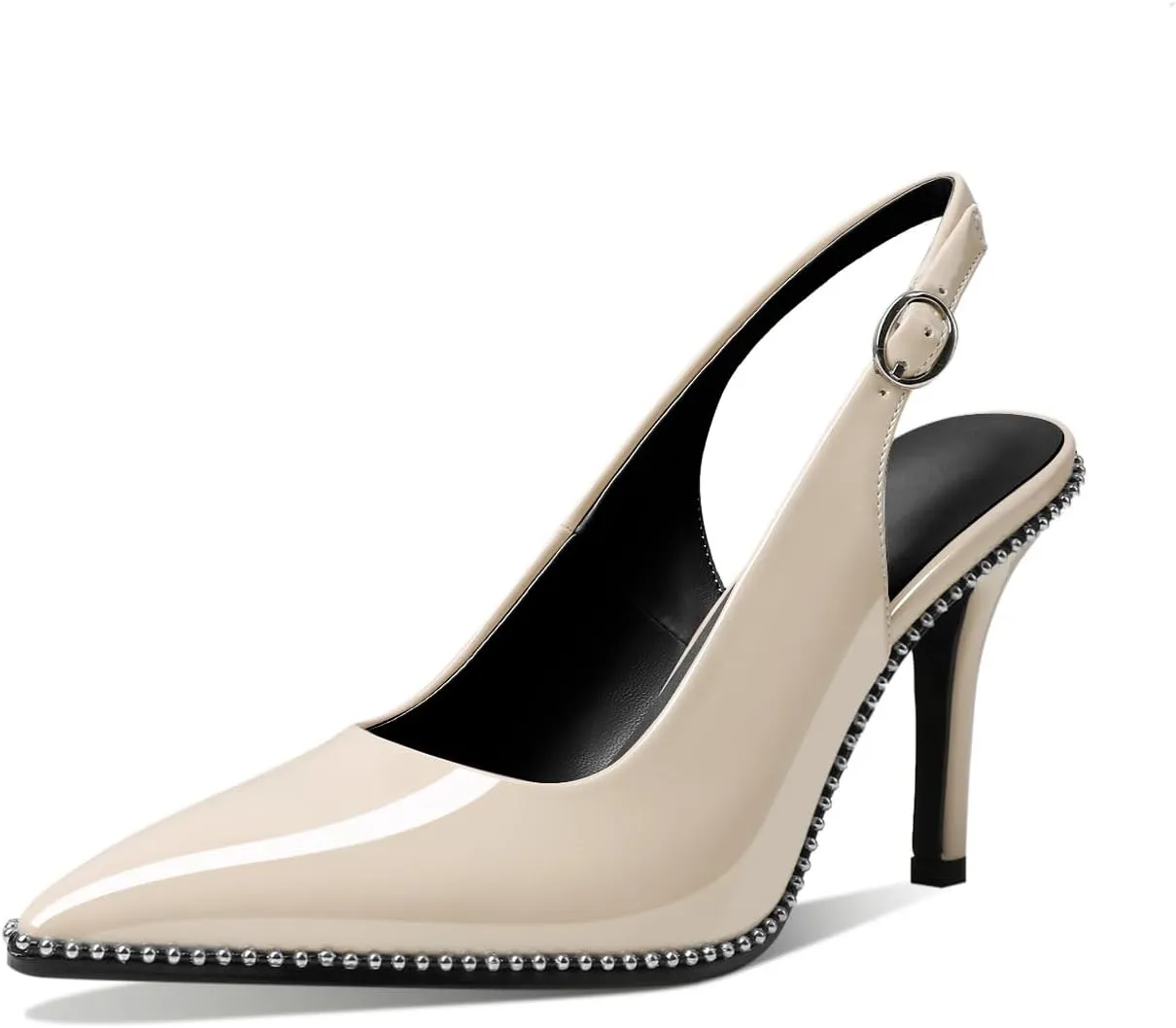 Mettesally Women's Beaded Slingback Pumps Stilettos Heels Closed Pointed Toe Fashion Dress Shoes 3.5 Inches